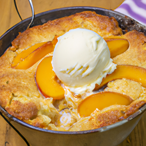 A golden-brown peach cobbler with a scoop of vanilla ice cream, baked in a Dutch oven.